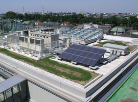 学習センター屋上〜緑化された屋上と太陽光発電設備
